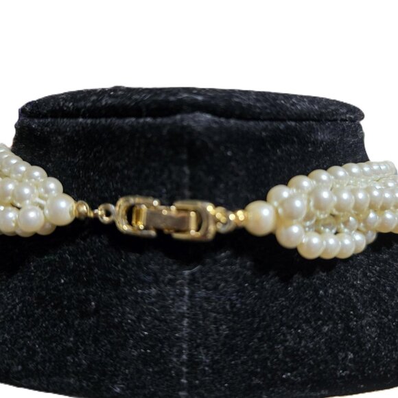 Multi-Strand Pearl Necklace With Gold & Rhinestone Spacers 18" - Picture 3 of 4